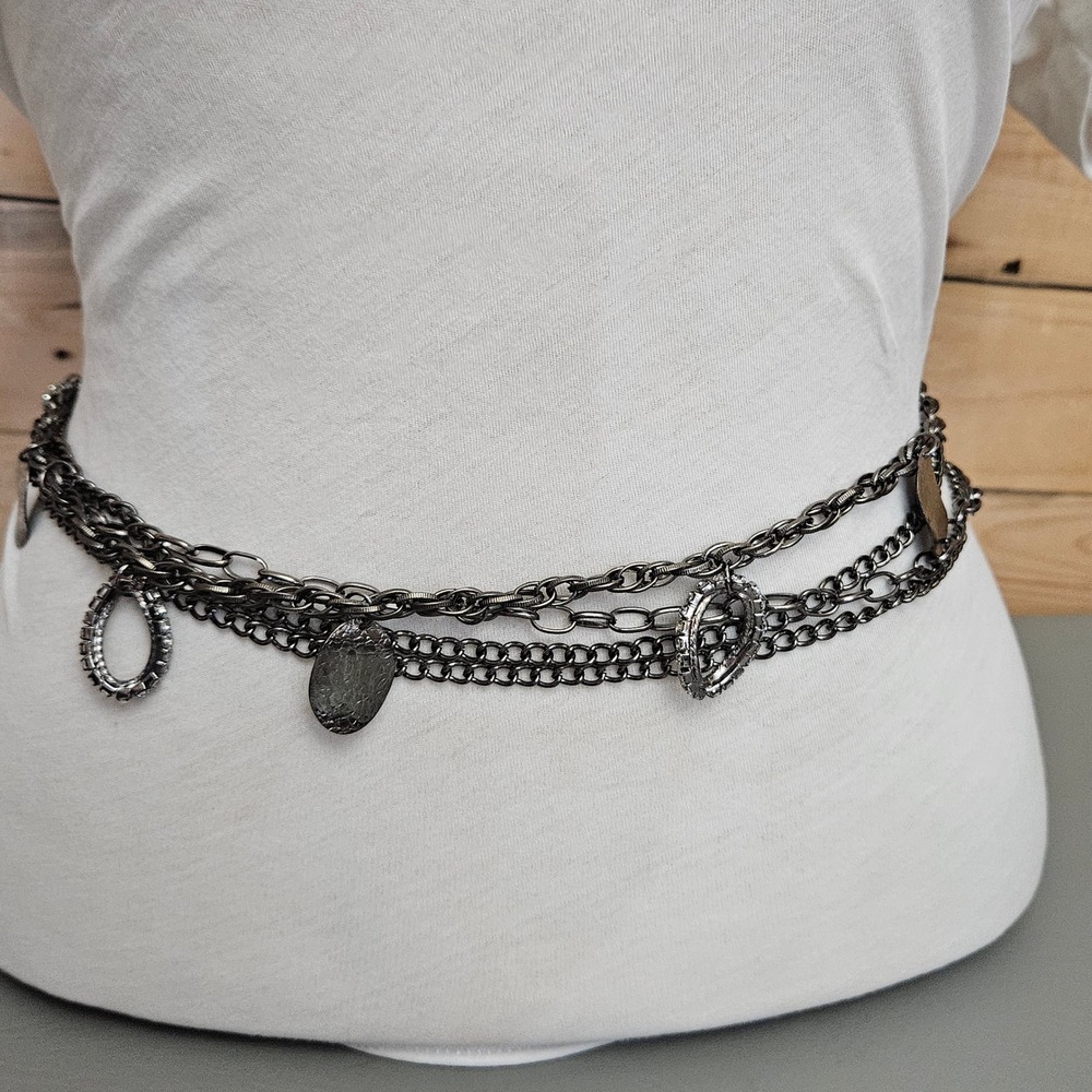 Gunmetal Multi Strand Chain Belt Rhinestone Textured Charms Adjustable 47 Inch